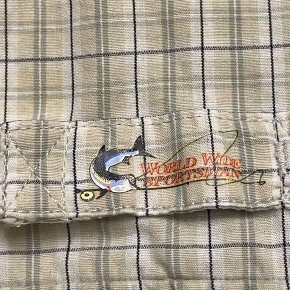 WORLD WIDE SPORTSMAN Mens Long Sleeve Fishing Shirt Plaid Vented Tan/Green M - Picture 3 of 6